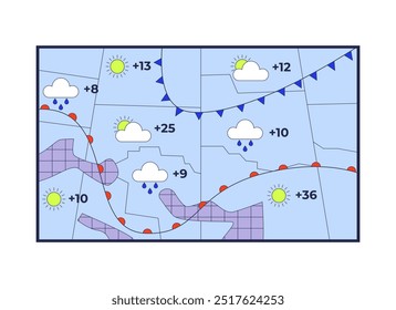 Previsão do tempo mapa 2D cartoon object. Meteorologia prevendo precipitação, temperatura. Relatando condições meteorológicas elemento isolado clipart vetor plano no fundo branco. Ilustração pontual