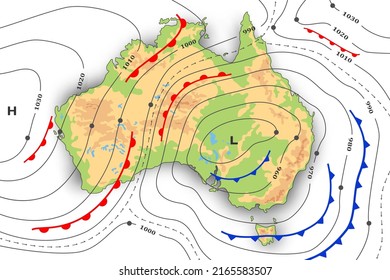 Forecast weather map of Australia. Meteorological, topography and physical map. Template of synoptic map showing of movement fronts cyclone and anticyclone wind in graphic chart, isobars, temperature.