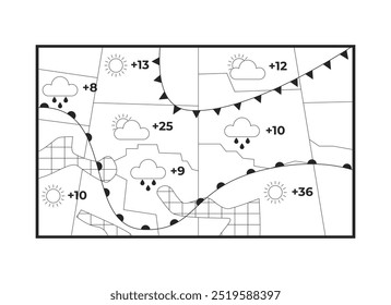 Previsão de objeto de linha 2D preto e branco do mapa do tempo. Meteorologia prevendo precipitação, temperatura. Relatar item de outline de vetor de clip-art isolado de condições climáticas. Ilustração de ponto monocromático