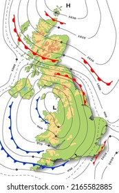 Mapa meteorológico previsto de Gran Bretaña. Meteorología, topografía, mapa físico. Plantilla de mapa sinóptico que muestra los frentes de movimiento ciclón y viento anticíclico en gráfico gráfico, isobares, temperatura