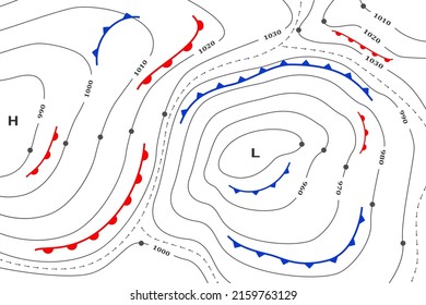 Forecast weather map. Meteorological weather map. Infographic template of climate generic system map for synoptic prediction with pressure, direction wind fronts, cyclone diagram, meteorology isobars.