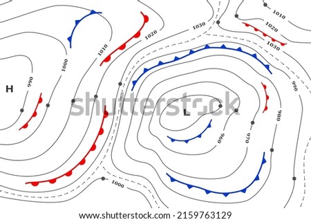 Forecast weather map. Meteorological weather map. Infographic template of climate generic system map for synoptic prediction with pressure, direction wind fronts, cyclone diagram, meteorology isobars.