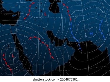 Vorheriges Wetter Nacht isobar Karte des mittleren Ostens. Windfront, Temperaturdiagramm. Vektormeteorologische Topographie, Kartografie, allgemeiner Hintergrund mit roten oder blauen Linien, Kreise, Relief, dunkle Felder