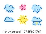 Forecast weather symbols hand drawn line sticker pack. Rain and snow clouds. Sunny windy. Digital planning clip arts in doodle style. Colorful planner icons labels. Bullet journal die cut elements kit