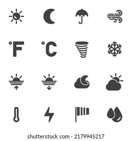 Juego de iconos vectoriales meteorológicos de previsión, colección moderna de símbolos sólidos, paquete de pictogramas estilo relleno. Ilustración del logotipo de los carteles. El conjunto incluye iconos como temperatura del termómetro, sol, luna, tornado, noche, nube