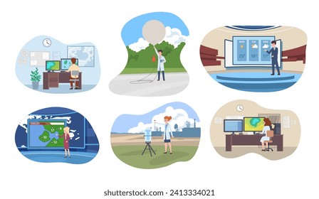 Forecasters and meteorological scientists, set of vector illustrations. Different men and women, TV presenters and researchers Scenes with people about science and weather forecast. Cartoon flat style