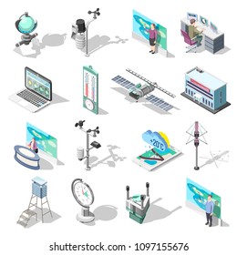 Forecasters, office building and devices including weather satellite, thermometer, wind measurement instrument, isometric icons isolated vector illustration