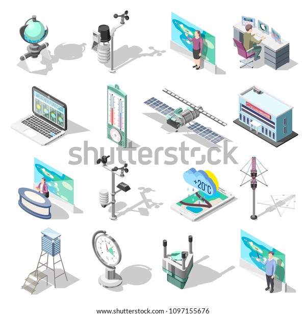 Forecasters, office building and\
devices including weather satellite, thermometer, wind measurement\
instrument, isometric icons isolated vector\
illustration