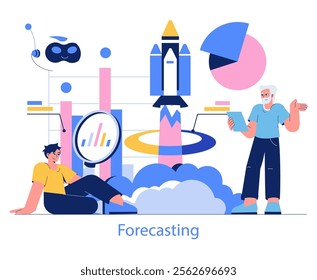 Forecasting concept. Analysts study data trends using graphs and magnifying glass. Strategic planning and market prediction. Vector illustration.