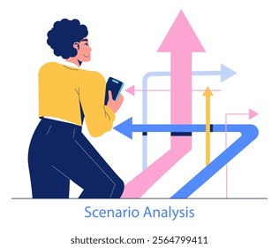 Forecasting concept. Businesswoman analyzing potential outcomes with a graph. Strategic planning with scenario analysis in decision-making. Vector illustration.