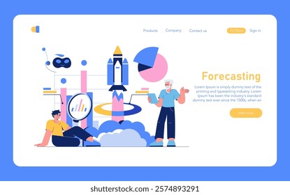 Forecasting concept illustration. Market analysis and business trends visualization with characters analyzing data. Growth prediction, economic strategy planning. Vector illustration.