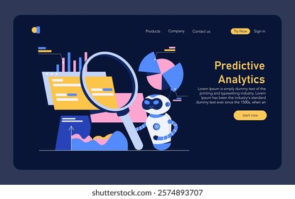 Forecasting concept. Predictive analytics with AI technology for business strategy. Data analysis by artificial intelligence robot with graphs. Vector illustration.