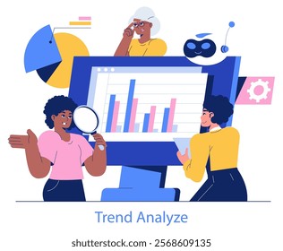 Forecasting concept. Team analyzing statistical data for business trends. Professionals with charts, reports, and digital analysis tools. Vector illustration.