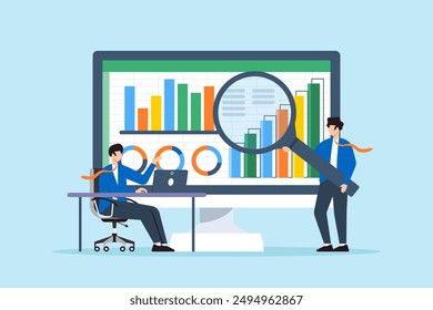 Forecasting financial modeling performance, budgeting, and scenario planning concept vector illustration. Business analysts working with spreadsheets and graphs