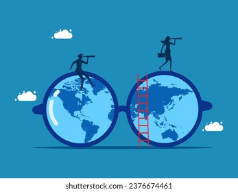 Forecasting the future economy. Businessman and woman uses binoculars to look at world map through glasses