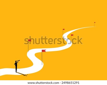 Forecasting the future, planning, business project. Businessman standing looking at binoculars at the beginning of the road path