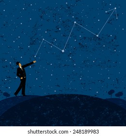 Forecasting future profits A businessman forecasting future profits that are written in the stars. 