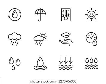 Forecasting line icon set. Set of line icons on white background. Environment concept. Rain, cloud, sunshine. Vector illustration can be used for topics like nature, environment, season 