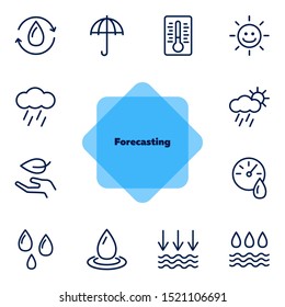 Forecasting line icon set. Set of line icons on white background. Environment concept. Rain, cloud, sunshine. Vector illustration can be used for topics like nature, environment, season