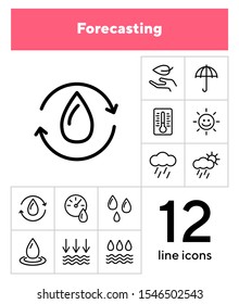 Forecasting line icon set. Set of line icons on white background. Environment concept. Rain, cloud, sunshine. Vector illustration can be used for topics like nature, environment, season