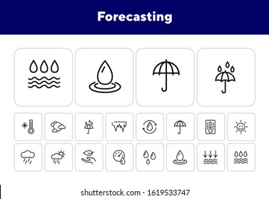 Forecasting line icon set. Set of line icons on white background. Environment concept. Rain, cloud, sunshine. Vector illustration can be used for topics like nature, environment, season