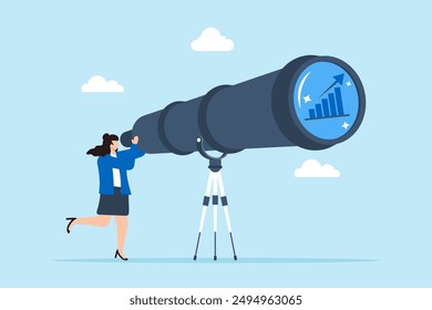 Forecasting market trends, long-term strategic planning, data analysis for future growth, decision-making concept vector illustration. Business analyst using telescope to view financial charts