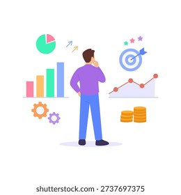 Forecasting Outcomes, predicting potential results and impacts, Flat vector character illustration