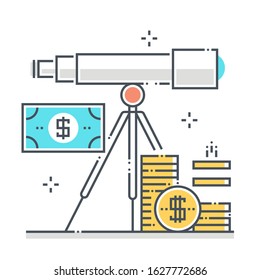 Forecasting related color line vector icon, illustration. The icon is about finance, money, telescope, space, stars, business. The composition is infinitely scalable.