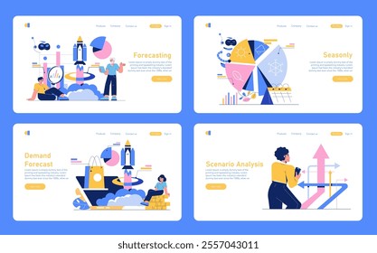 Forecasting set. Business analysis and market projection scenes. Data interpretation, strategic planning, seasonal patterns, demand trends, future scenario exploration. Vector illustration.