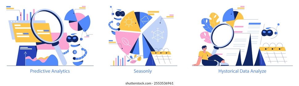 Forecasting set. Exploration of future trends through predictive analytics, seasonal patterns, and historical data analysis. Trend interpretation and strategy planning. Vector illustration.