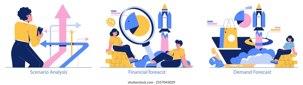 Forecasting set. Exploring different types of business forecasting including scenario analysis, financial growth, and market demand. Vector illustration.