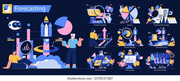 Forecasting set. Insightful visuals portraying various analytics and prediction methods. Data-driven decision making, market trends, futuristic scenarios. Vector illustration.