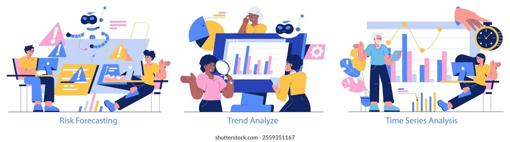 Forecasting set. Professionals and AI engaging in risk, trend, and time series analysis. Teamwork in data interpretation and predictive modeling. Vector illustration.