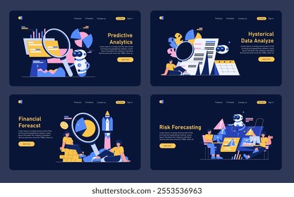 Forecasting set. Techniques for analyzing predictive, historical, financial, and risk data. Data evaluation concepts with human characters and charts. Vector illustration.