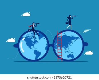 Forecasting the world. Businessman and woman using binoculars looking at world map through glasses