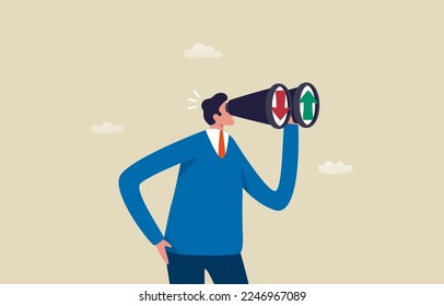 Forecasts for the economy. World Economic Outlook. The rise and fall of the stock market. Businessman using binoculars looking up and down arrow graph. Illustration