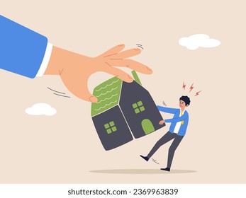 Foreclosure concept. Eviction and mortgage debt, difficulty to payback bank mortgage loan, bankruptcy man fighting to hold back their house with big legal hand evict it by law.