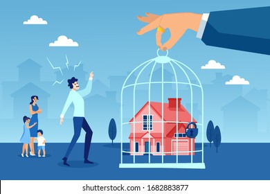 Foreclosure concept. Vector of a stressed family being evicted from their house