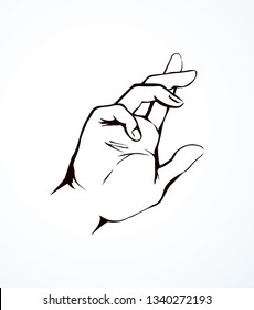 Forefinger buy index point present on white background. Outline black ink drawn car way law halt women wrist logo pictogram emblem in retro art doodle cartoon style on paper space for text. Close up v