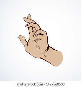 Forefinger buy index point present on white background. Outline black ink drawn car way law halt women wrist logo pictogram emblem in retro art doodle cartoon style on paper text space. Close up view