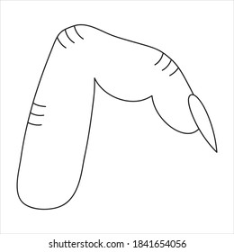 Forefinger. The gnarled limb of a witch. Vector illustration. Part of a human hand. Outlined on an isolated white background. Doodle style. Sketch. Severed limb with sharp fingernail. Halloween symbol