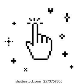 Forefinger icon in pixel art. Y2k pointer cursor emoji. Simple geometric object. Swipe icon. Turn on button. 8bit game mouse cursor sticker. Hand mouse cursor. Modern shape for collage sticker, poster