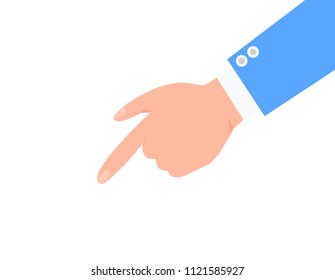 Forefinger and male arm in blue suit color poster, isolated on white vector illustration of abstract pointer, human hand with indicating index finger