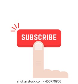 forefinger on subscribe button. concept of data feed, stream, journal, ad mark, support, sub, navigation, newspaper. flat style trend modern graphic art design vector illustration on white background