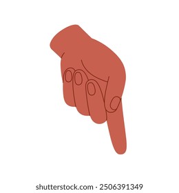 Forefinger pointing down icon. Hand gesture of poke, showing direction. Black index finger indicates downward, below. Nonverbal communication. Flat isolated vector illustration on white background