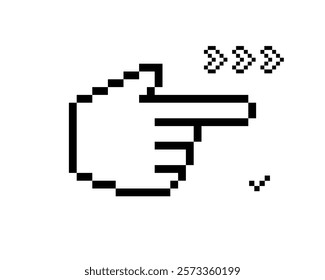 Forefinger pointing emoji. Pixel art. Y2k pointer sign. Simple geometric object. 8 bit hand point gesture icon. Modern shape for collage sticker, poster, web. Game abstract vector element. Hand arrow