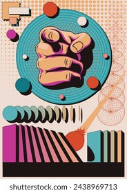 Forefinger Pointing Gesture Poster, Dominoes, Geometric Shapes, 1980s Colors Background