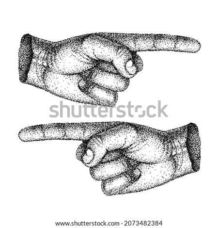 Forefinger. Pointing, hand gesture showing direction. Hand-drawn vintage sketch, vector illustration, pointillism. Two directions - Left, Right.