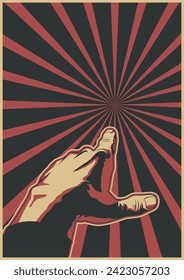 Forefinger points direction. Retro Propaganda Posters Style Illustration. Hand and fingers, Black red white Background