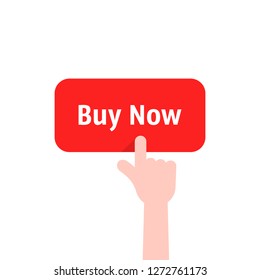 forefinger press on red buy now button. concept of forefinger badge for online store or e-commerce client making easy decision or pre-order. flat minimal cpc logotype graphic design isolated on white